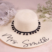 Personalised White Hat with Black Pom Pom Floppy Beach Hat - HoorayDays