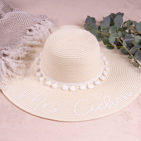 Personalised White Hat with White Pom Pom Floppy Beach Hat - HoorayDays