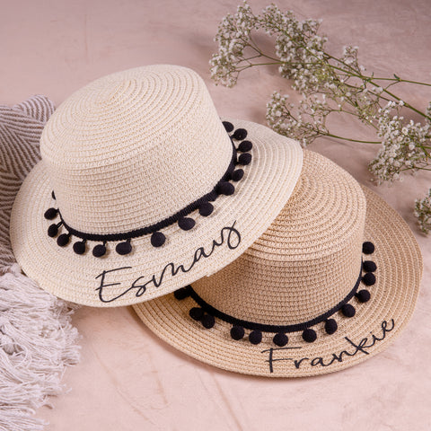 Children's Personalised White Hat with Black Pom Pom Beach Hat - HoorayDays
