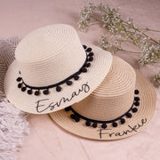 Children's Personalised Beige Hat with White Pom Pom Beach Hat - HoorayDays