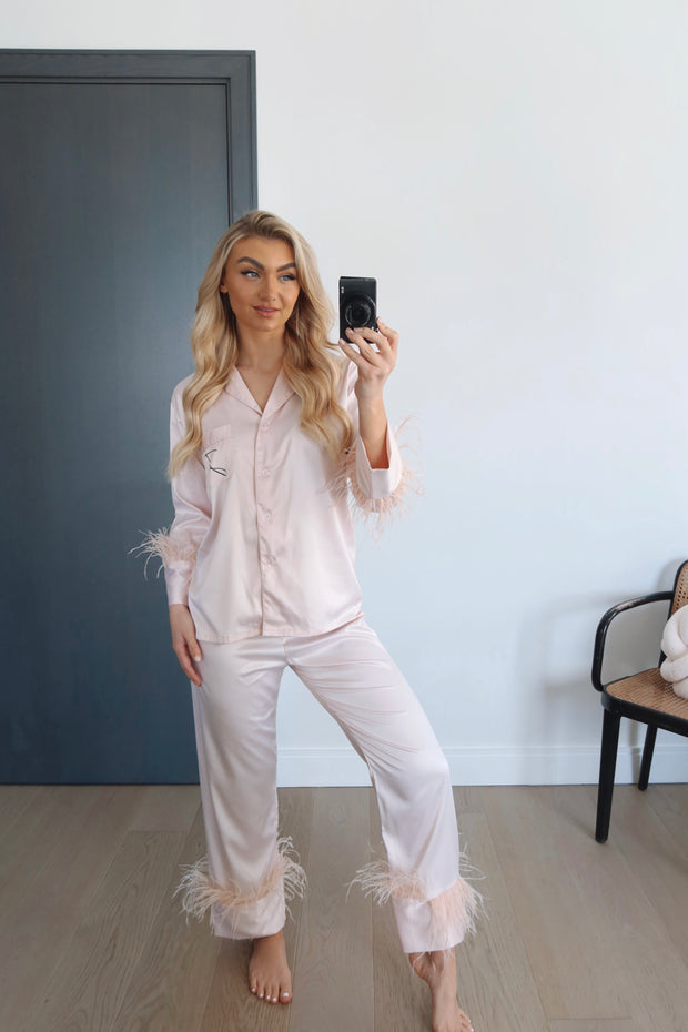 Light Pink Feather Pyjamas Long Sleeves and Trousers - HoorayDays