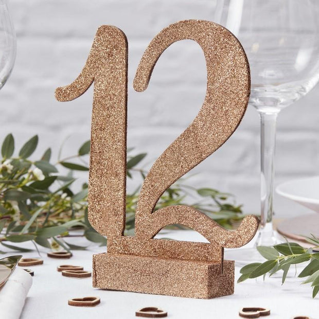 12 Rose Gold Glitter Wooden Table Numbers - HoorayDays