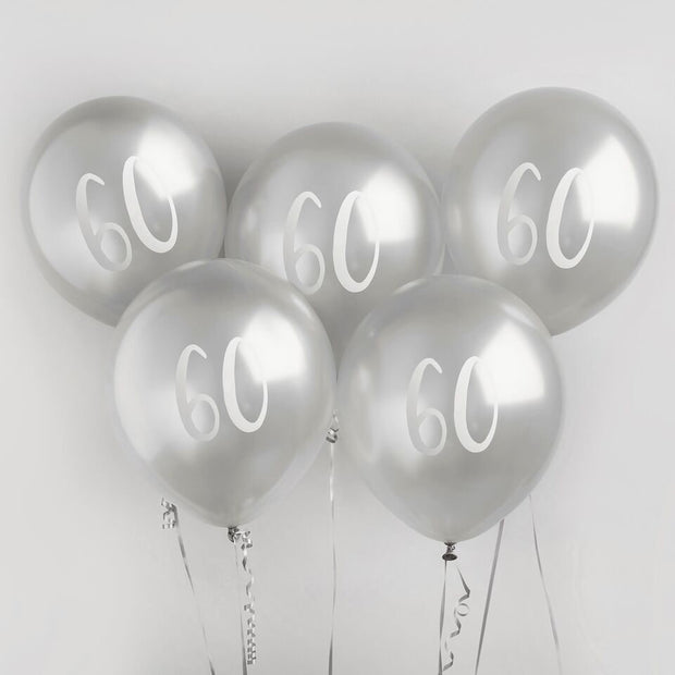 5 Silver 60th Birthday Balloons - HoorayDays