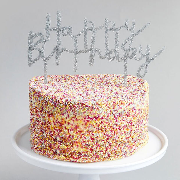 Silver Glitter Happy Birthday Cake Topper - HoorayDays