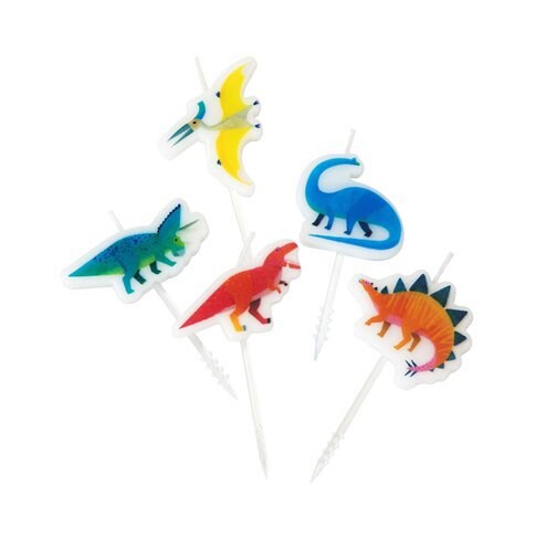 5 Multicoloured Dinosaur Party Candles - HoorayDays