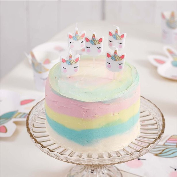 5 Pastel Rainbow Unicorn Cake Candles - HoorayDays