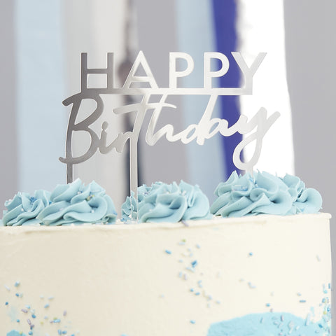 Silver Acrylic Happy Birthday Cake Topper - HoorayDays