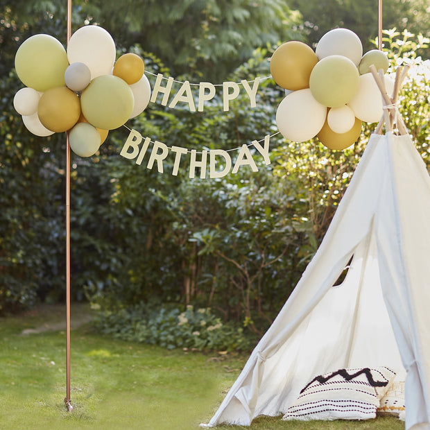 Green, Grey, Sand & Gold Chrome Happy Birthday Balloon Bunting - HoorayDays